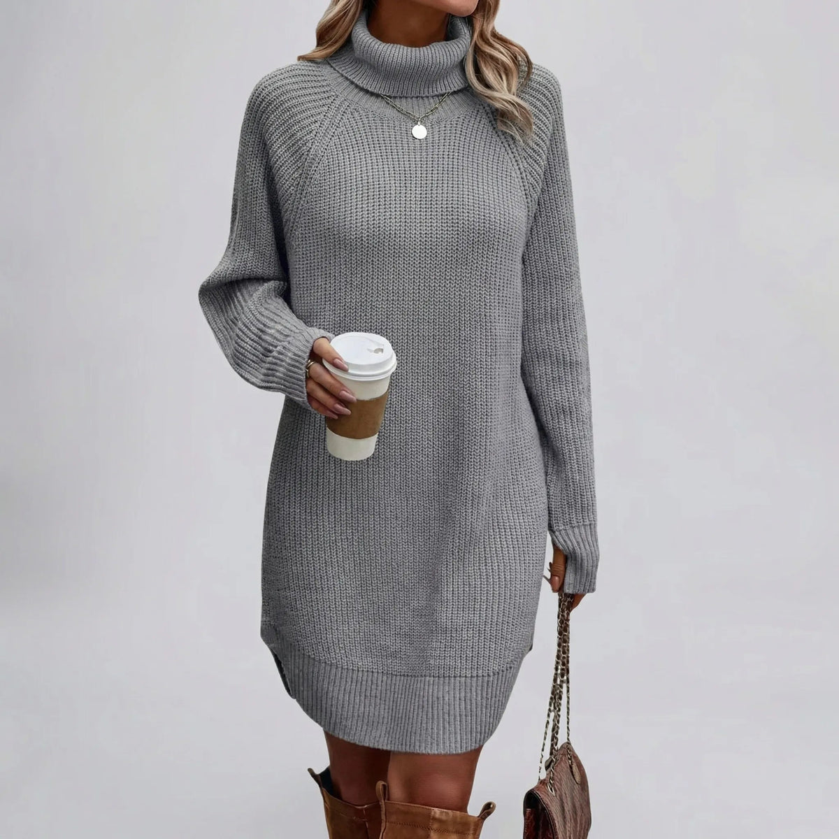 Cozy Sweater Dress for Women with Turtleneck Long Sleeve Chunky Knit Ribbed Tunic Style