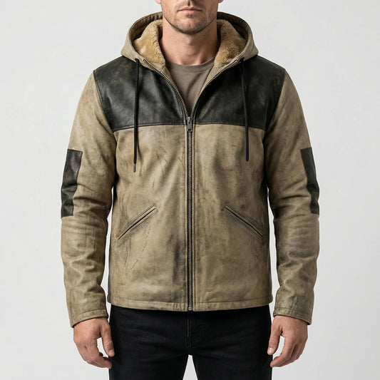 Cozy Hooded Colorblock Jacket for Men with Drawcord Hood Long Sleeve Full Zip Sherpa Lined Style
