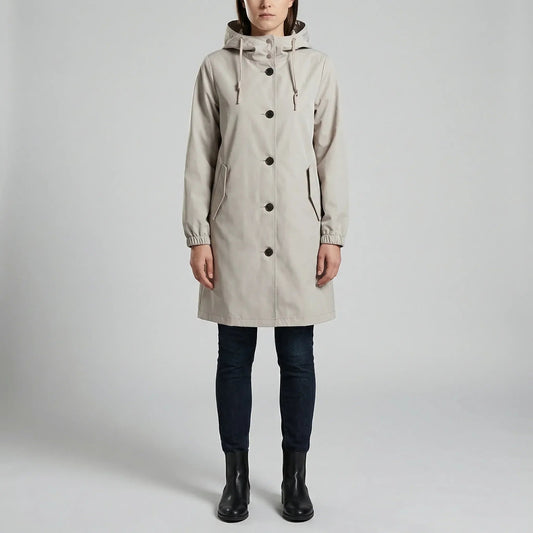 Effortless Beige Rain Coat for Women with Hooded Collar Long Sleeve Button Up Knee Length Style