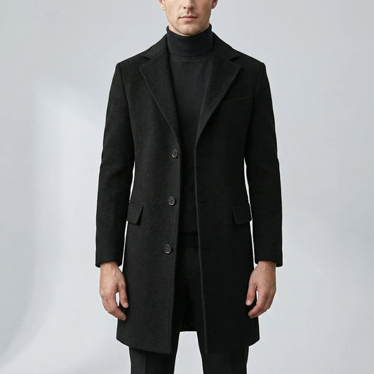 Elegant Wool Coat for Men with Notch Lapel Long Sleeve Single Breasted Longline Business Style