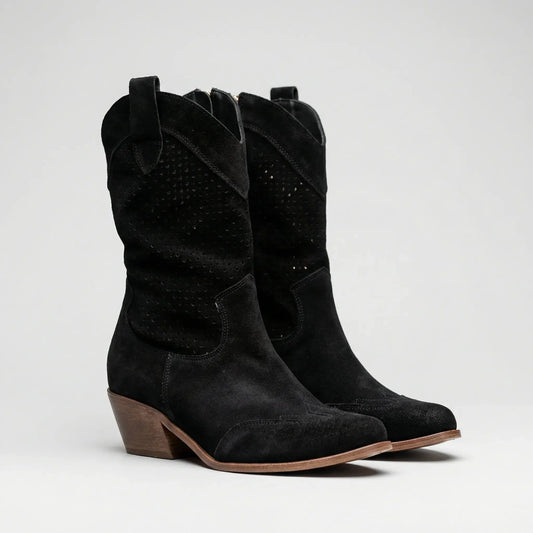 Women's Western Cowgirl Boots Faux Suede Mid-Calf Pointed Toe Stacked Heel Pull-On Cowboy