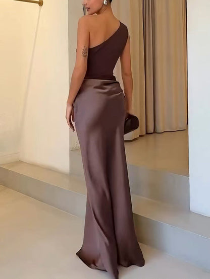 Elegant Satin Maxi Dress for Women with One Shoulder Ruched Waist Bias Cut Formal Wedding Guest Style