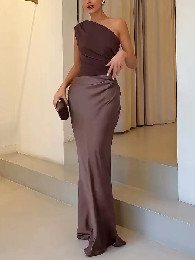 Elegant Satin Maxi Dress for Women with One Shoulder Ruched Waist Bias Cut Formal Wedding Guest Style