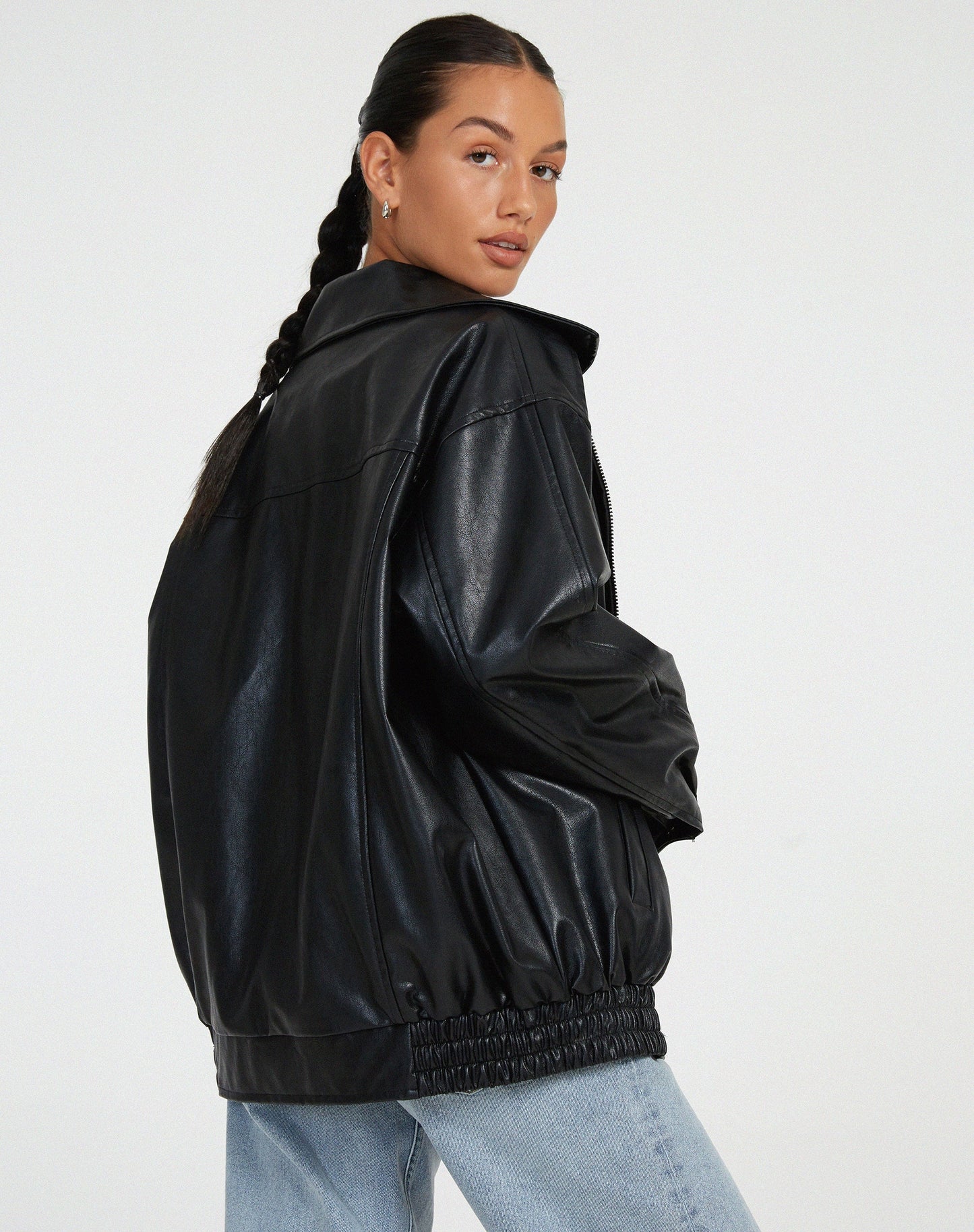 Effortless Faux Leather Jacket for Women with Collared Long Sleeve Oversized Relaxed Style