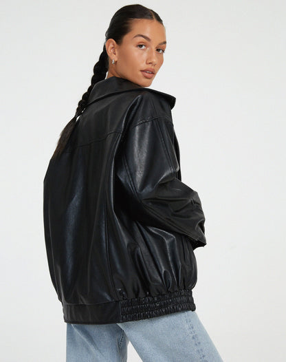 Effortless Faux Leather Jacket for Women with Collared Long Sleeve Oversized Relaxed Style