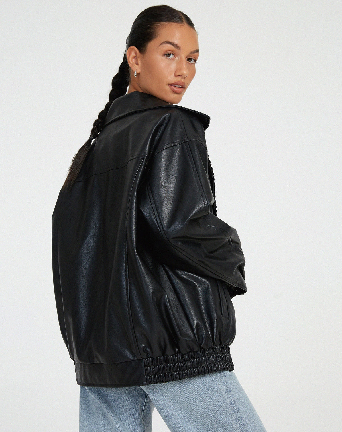 Effortless Brown Oversized Faux Leather Jacket for Women with Spread Collar Zip Front Relaxed Casual Style