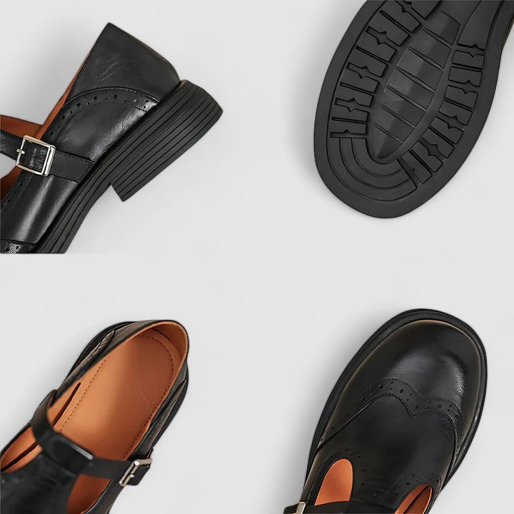 Comfortable Mary Jane Shoes for Women with Round Toe T Strap Brogue Non Slip Flat Style