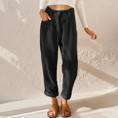 Effortless Corduroy Pants for Women with High Waisted Pleated Tapered Cuffed Hem Casual Style