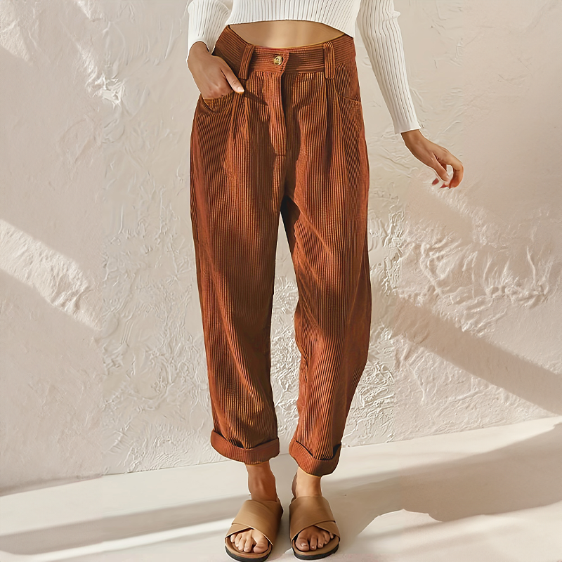 Effortless Corduroy Pants for Women with High Waisted Pleated Tapered Cuffed Hem Casual Style