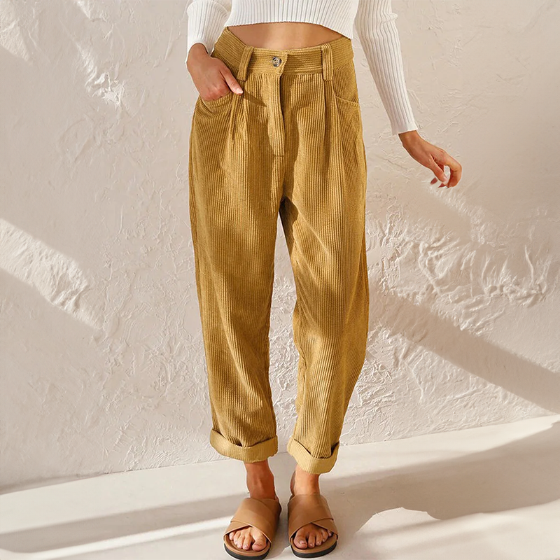 Effortless Corduroy Pants for Women with High Waisted Pleated Tapered Cuffed Hem Casual Style