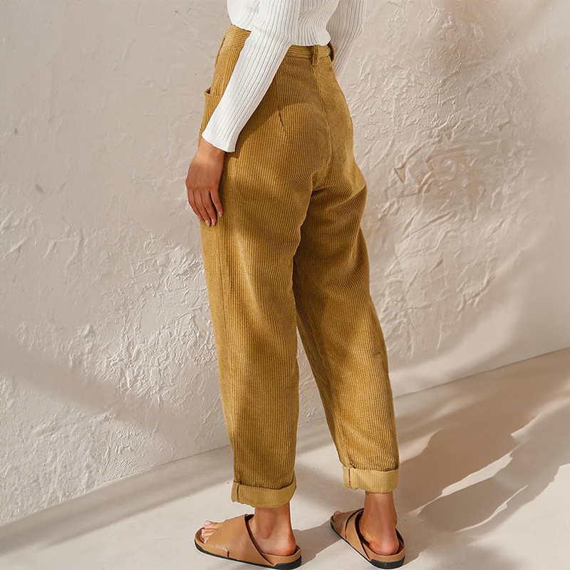 Effortless Corduroy Pants for Women with High Waisted Pleated Tapered Cuffed Hem Casual Style