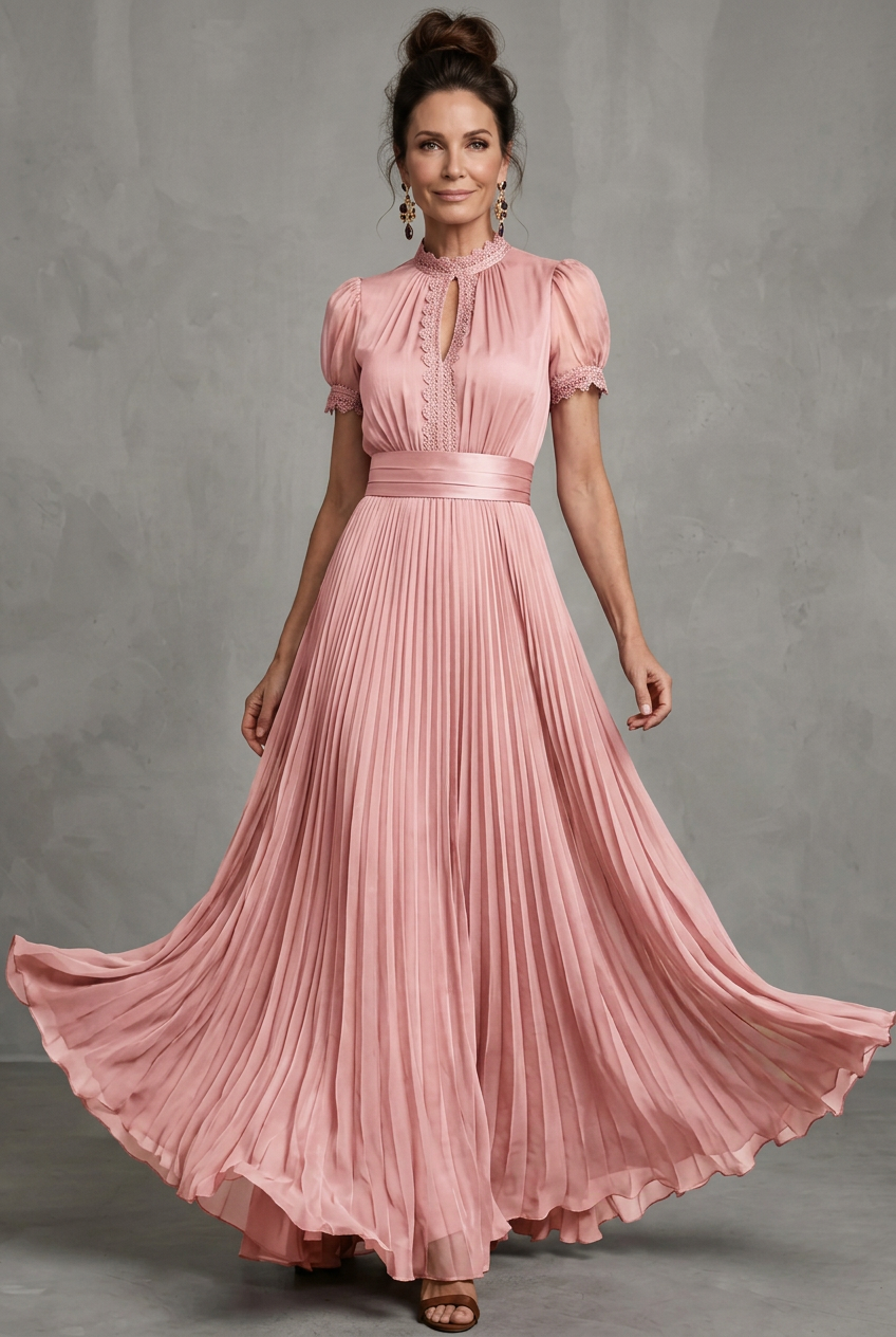 Elegant Pleated Mother Of The Groom Dress for Women with High Neck Puff Sleeve Lace Trim Flowing Formal Wedding Guest Style