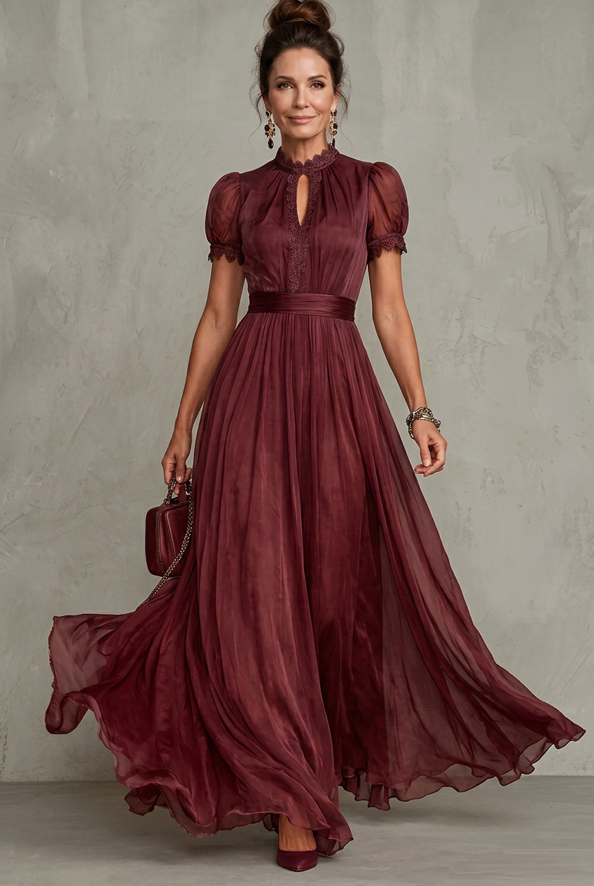 Elegant Pleated Mother Of The Groom Dress for Women with High Neck Puff Sleeve Lace Trim Flowing Formal Wedding Guest Style