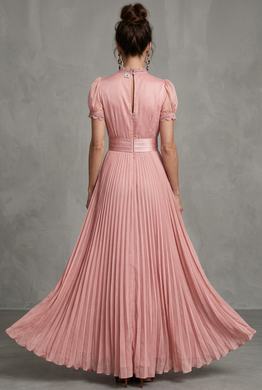 Elegant Pleated Mother Of The Groom Dress for Women with High Neck Puff Sleeve Lace Trim Flowing Formal Wedding Guest Style