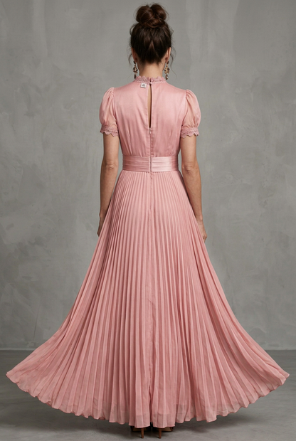Elegant Pleated Mother Of The Groom Dress for Women with High Neck Puff Sleeve Lace Trim Flowing Formal Wedding Guest Style
