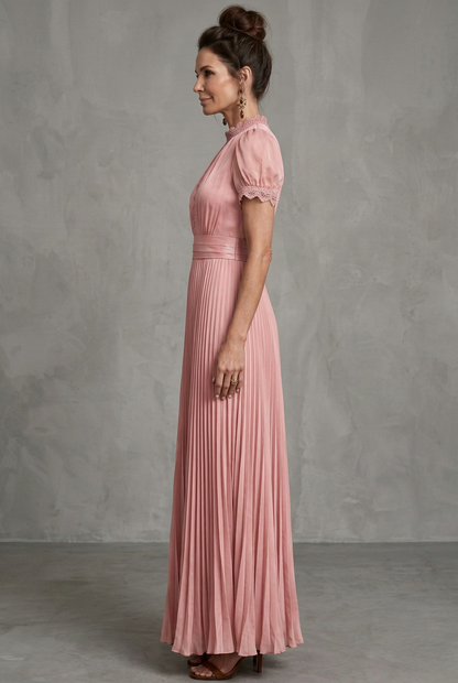 Elegant Pleated Mother Of The Groom Dress for Women with High Neck Puff Sleeve Lace Trim Flowing Formal Wedding Guest Style