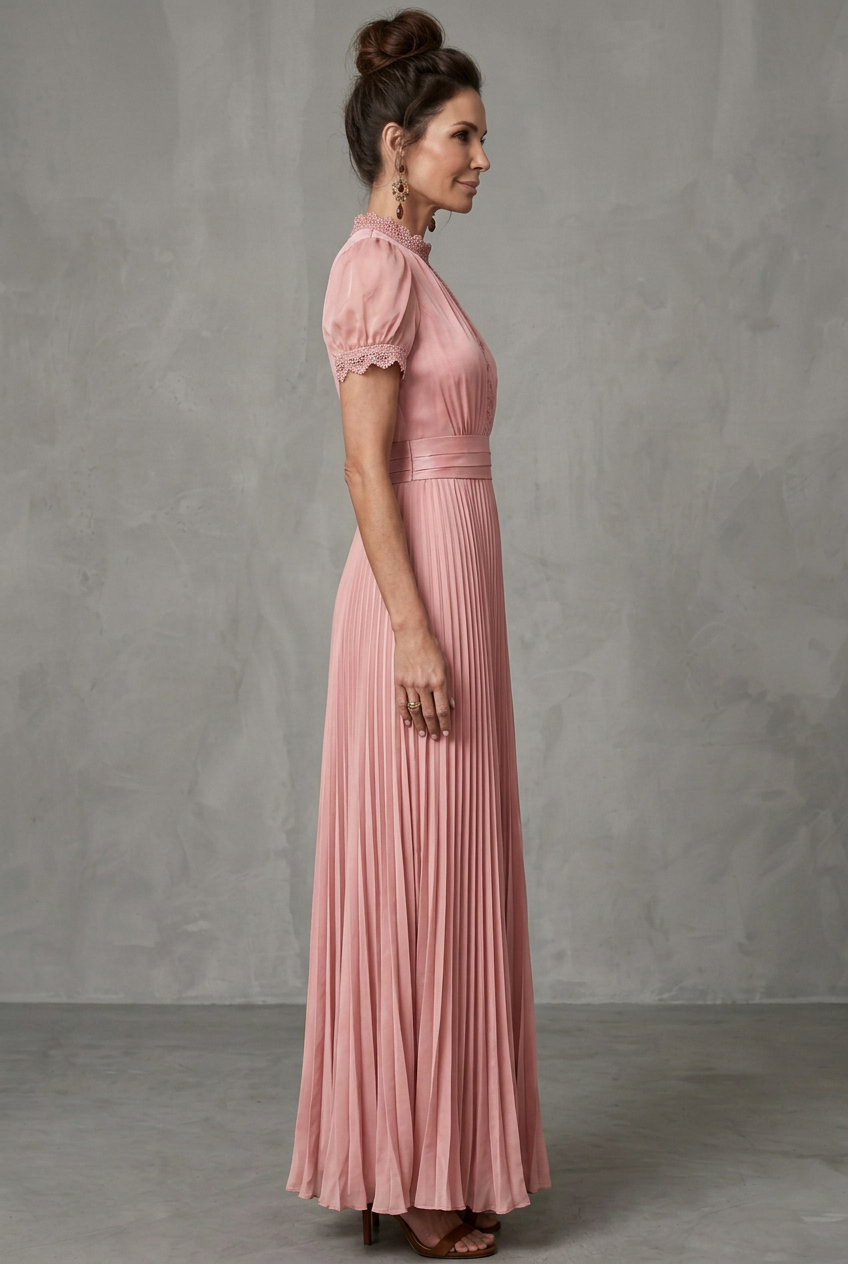 Elegant Pleated Mother Of The Groom Dress for Women with High Neck Puff Sleeve Lace Trim Flowing Formal Wedding Guest Style