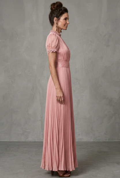 Elegant Pleated Mother Of The Groom Dress for Women with High Neck Puff Sleeve Lace Trim Flowing Formal Wedding Guest Style