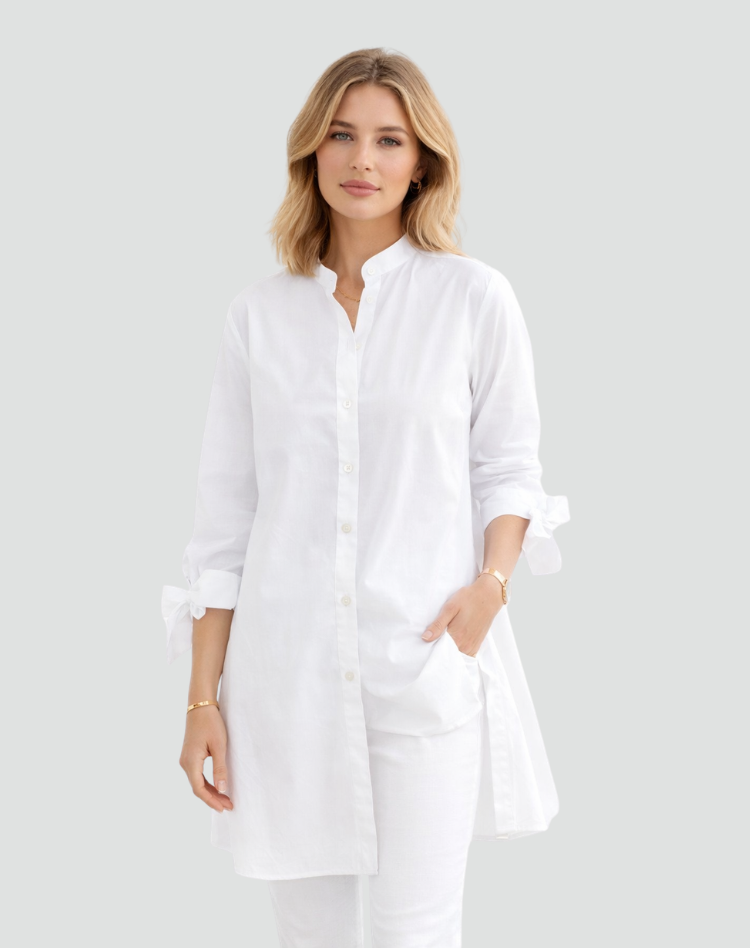 Effortless Cotton Shirt Dress for Women with Mandarin Collar Tie Cuff Long Sleeve Curved Hem Relaxed Style