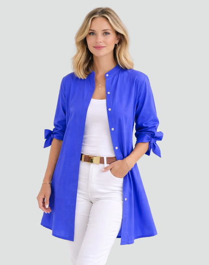 Effortless Cotton Shirt Dress for Women with Mandarin Collar Tie Cuff Long Sleeve Curved Hem Relaxed Style
