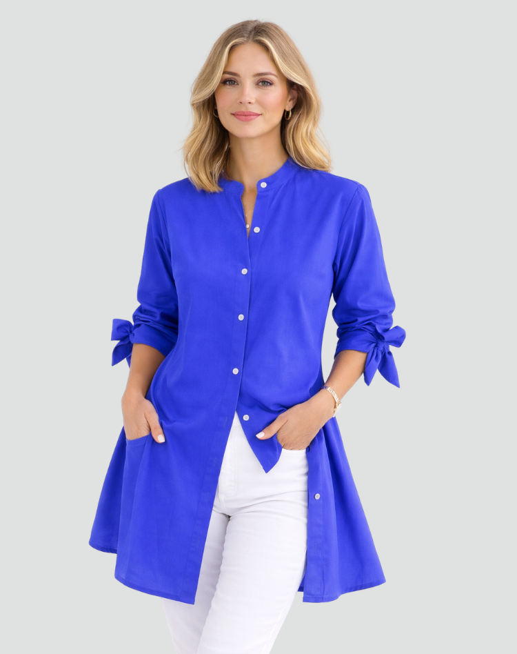 Effortless Cotton Shirt Dress for Women with Mandarin Collar Tie Cuff Long Sleeve Curved Hem Relaxed Style