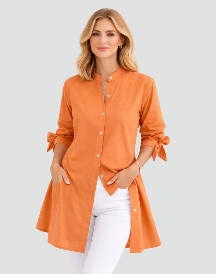 Effortless Cotton Shirt Dress for Women with Mandarin Collar Tie Cuff Long Sleeve Curved Hem Relaxed Style