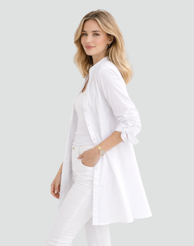 Effortless Cotton Shirt Dress for Women with Mandarin Collar Tie Cuff Long Sleeve Curved Hem Relaxed Style