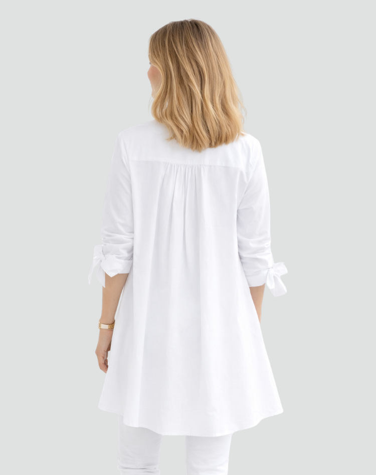 Effortless Cotton Shirt Dress for Women with Mandarin Collar Tie Cuff Long Sleeve Curved Hem Relaxed Style