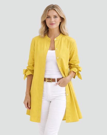 Effortless Cotton Shirt Dress for Women with Mandarin Collar Tie Cuff Long Sleeve Curved Hem Relaxed Style