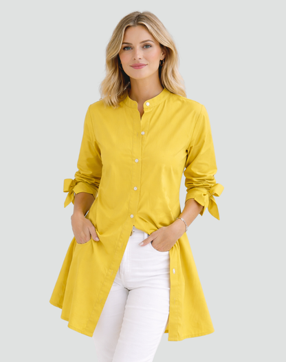 Effortless Cotton Shirt Dress for Women with Mandarin Collar Tie Cuff Long Sleeve Curved Hem Relaxed Style