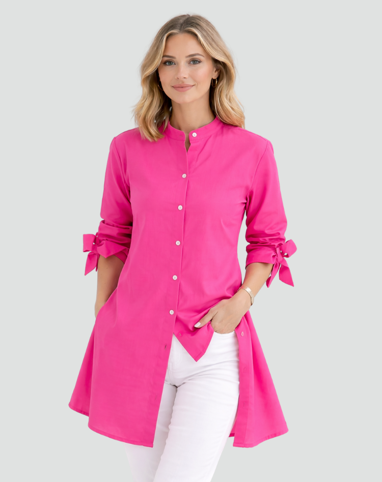 Effortless Cotton Shirt Dress for Women with Mandarin Collar Tie Cuff Long Sleeve Curved Hem Relaxed Style