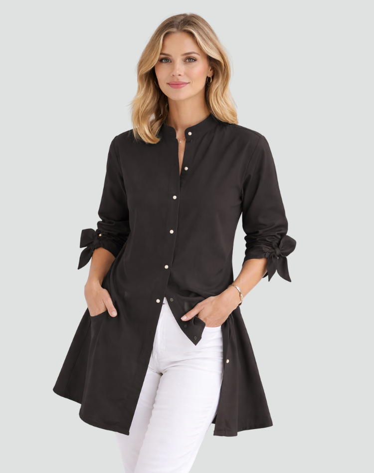 Effortless Cotton Shirt Dress for Women with Mandarin Collar Tie Cuff Long Sleeve Curved Hem Relaxed Style