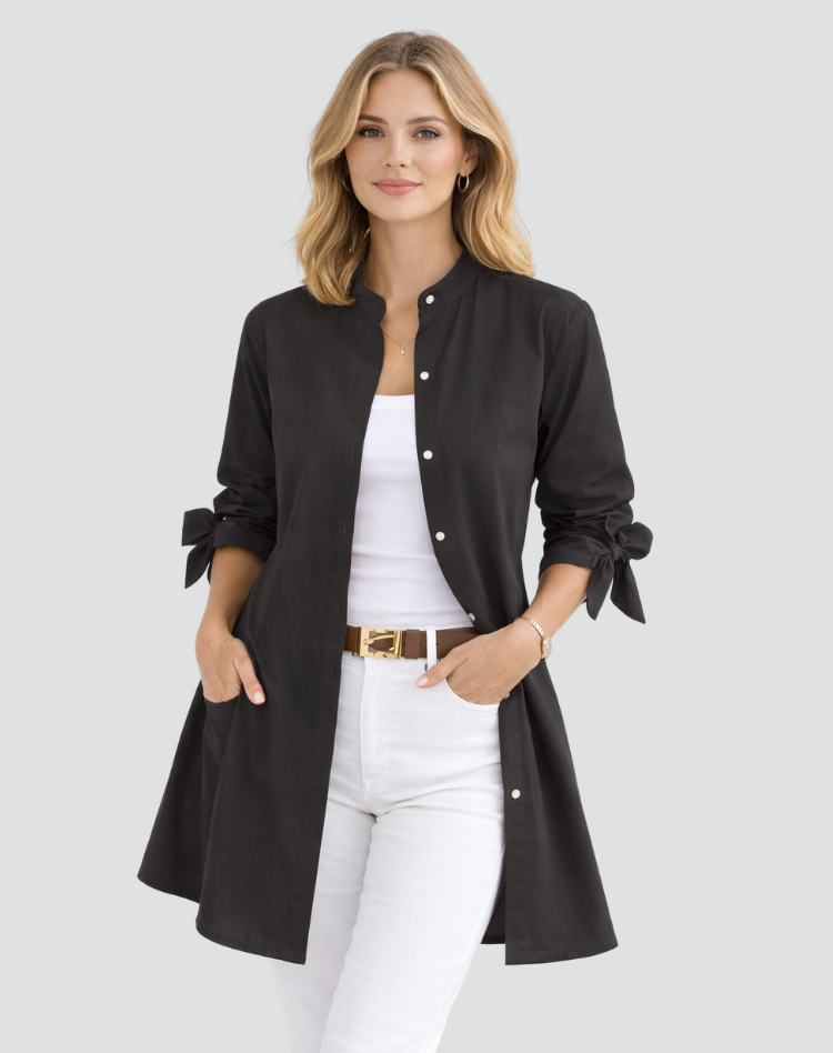 Effortless Cotton Shirt Dress for Women with Mandarin Collar Tie Cuff Long Sleeve Curved Hem Relaxed Style