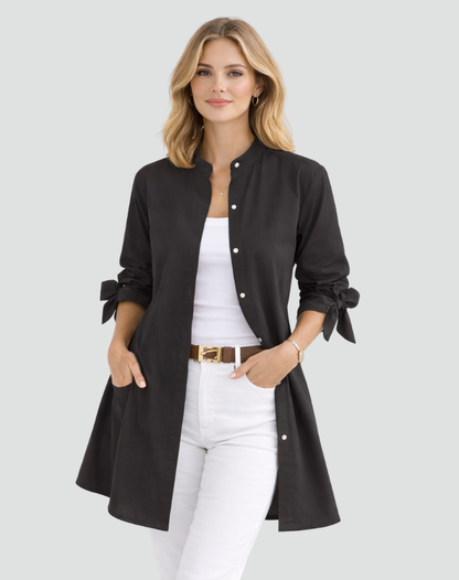 Effortless Cotton Shirt Dress for Women with Mandarin Collar Tie Cuff Long Sleeve Curved Hem Relaxed Style