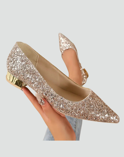 Elegant Glitter Kitten Heels for Women with Pointed Toe Low Block Heel Pump Style