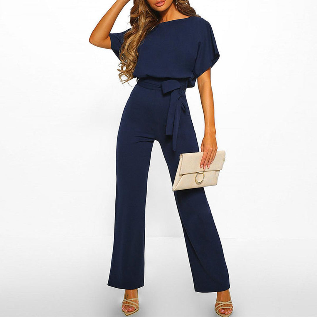 Elegant Wide Leg Jumpsuit for Women with Boat Neck Batwing Sleeve Tie Waist Keyhole Back Style