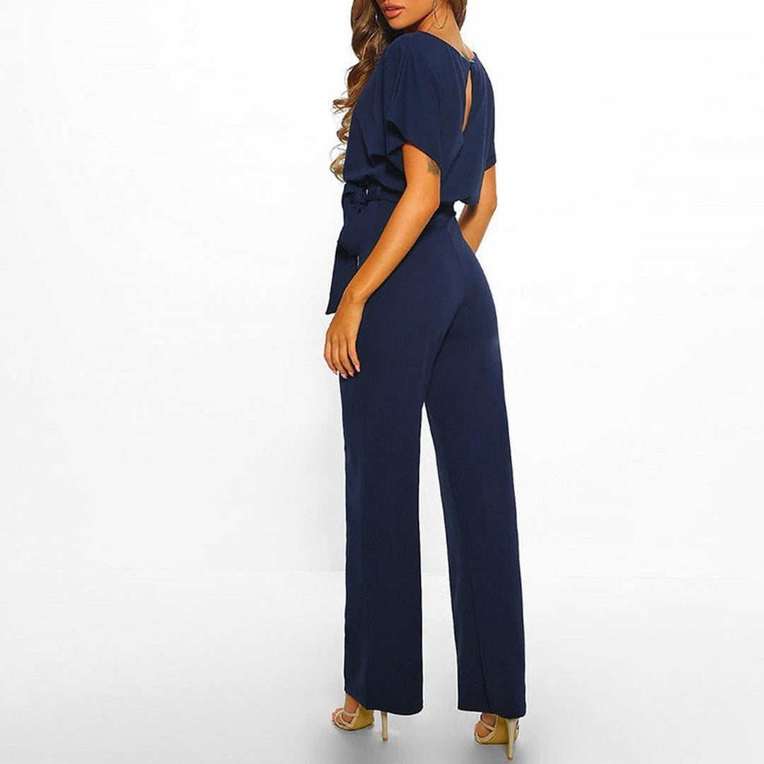 Elegant Wide Leg Jumpsuit for Women with Boat Neck Batwing Sleeve Tie Waist Keyhole Back Style