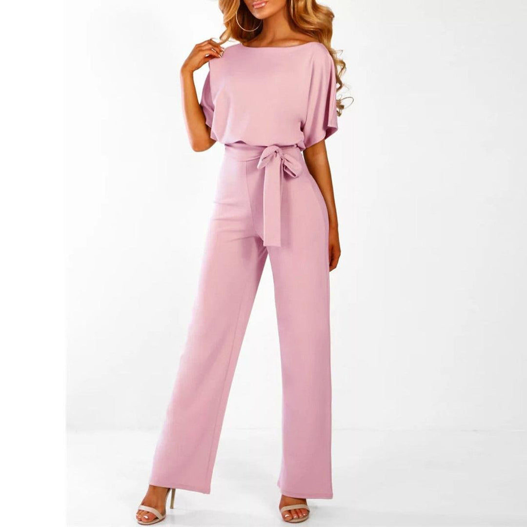 Elegant Wide Leg Jumpsuit for Women with Boat Neck Batwing Sleeve Tie Waist Keyhole Back Style