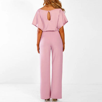 Elegant Wide Leg Jumpsuit for Women with Boat Neck Batwing Sleeve Tie Waist Keyhole Back Style