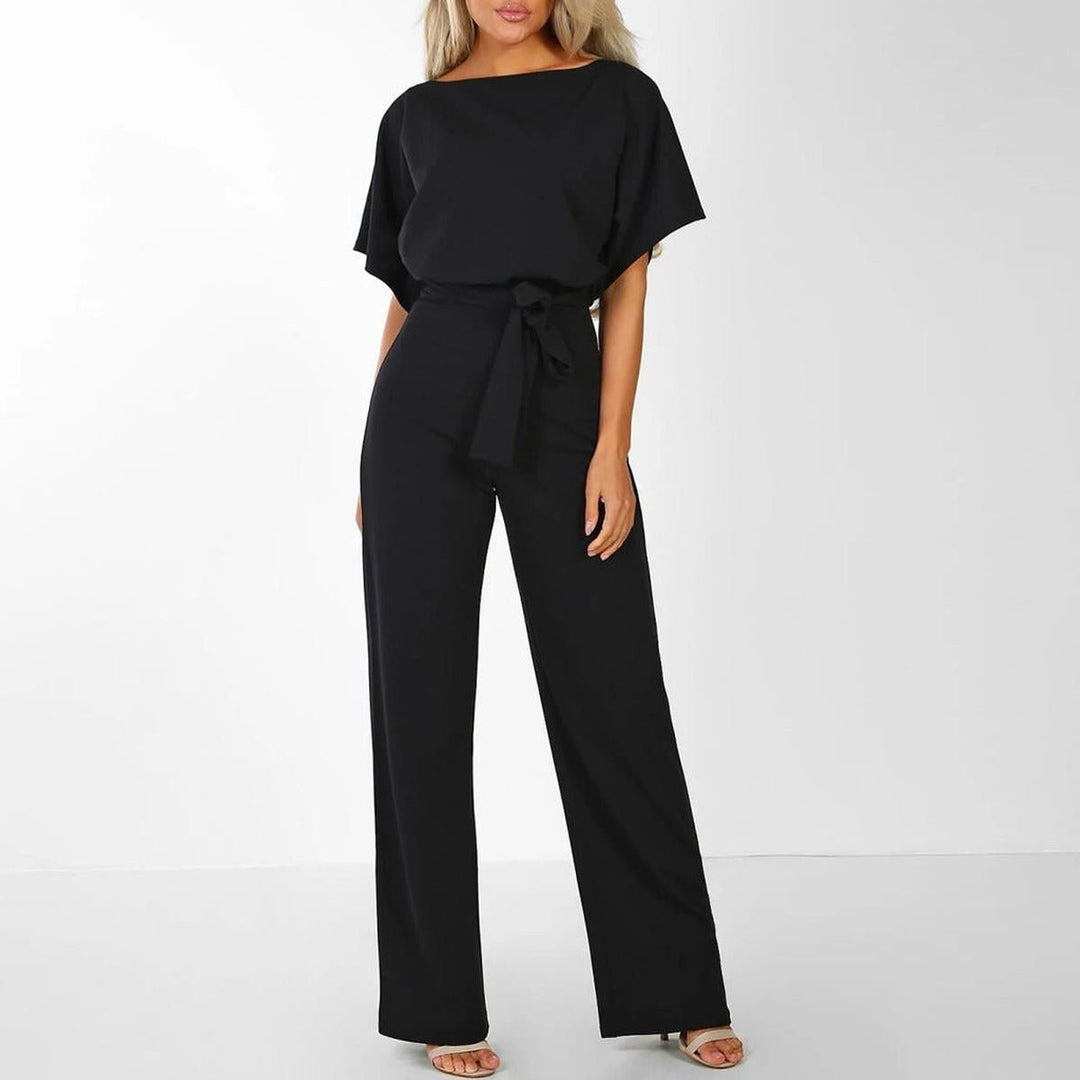 Elegant Wide Leg Jumpsuit for Women with Boat Neck Batwing Sleeve Tie Waist Keyhole Back Style