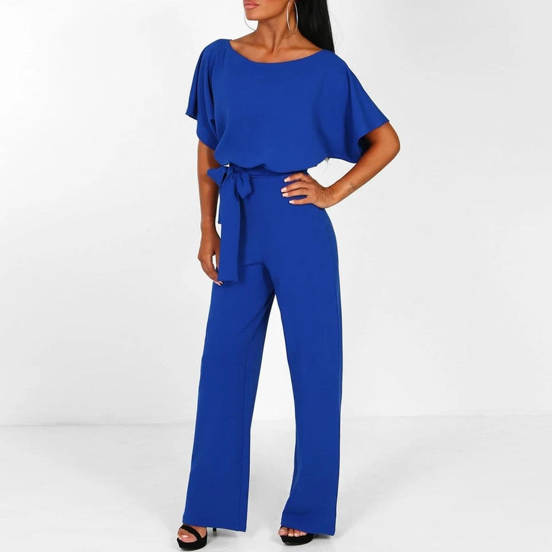 Elegant Wide Leg Jumpsuit for Women with Boat Neck Batwing Sleeve Tie Waist Keyhole Back Style