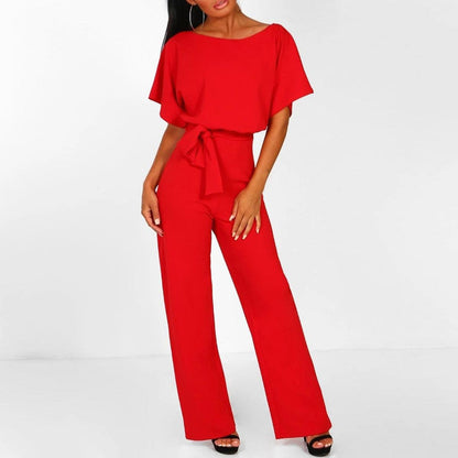 Elegant Wide Leg Jumpsuit for Women with Boat Neck Batwing Sleeve Tie Waist Keyhole Back Style