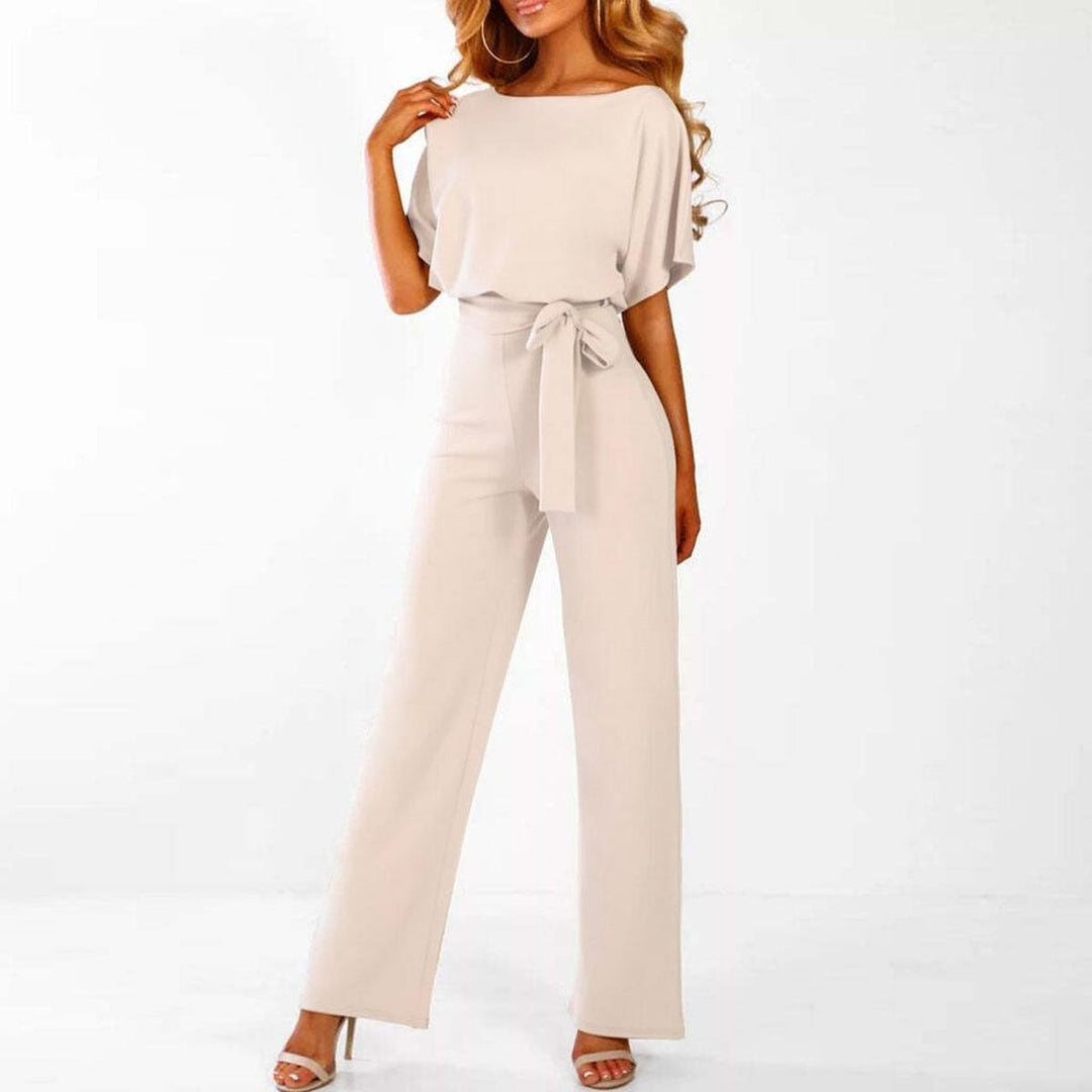 Elegant Wide Leg Jumpsuit for Women with Boat Neck Batwing Sleeve Tie Waist Keyhole Back Style