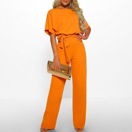 Elegant Wide Leg Jumpsuit for Women with Boat Neck Batwing Sleeve Tie Waist Keyhole Back Style