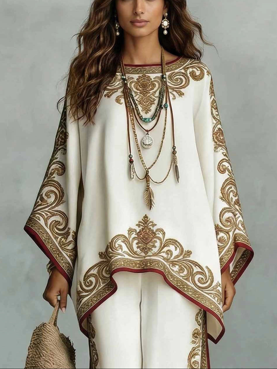 Elegant White Maxi Dress for Women with Embroidered Print Kaftan Batwing Sleeve Flowing Style