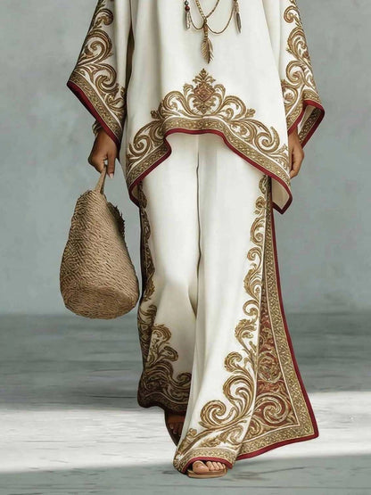 Elegant White Maxi Dress for Women with Embroidered Print Kaftan Batwing Sleeve Flowing Style