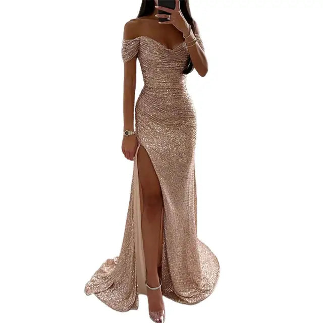 Elegant Sequin Dress for Women with Sweetheart Off Shoulder Ruched Mermaid Side Slit Formal Party Style