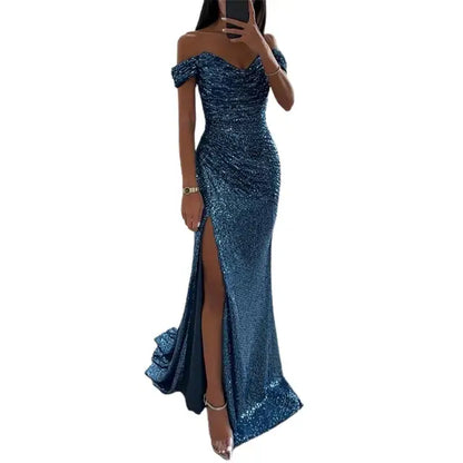 Elegant Sequin Dress for Women with Sweetheart Off Shoulder Ruched Mermaid Side Slit Formal Party Style
