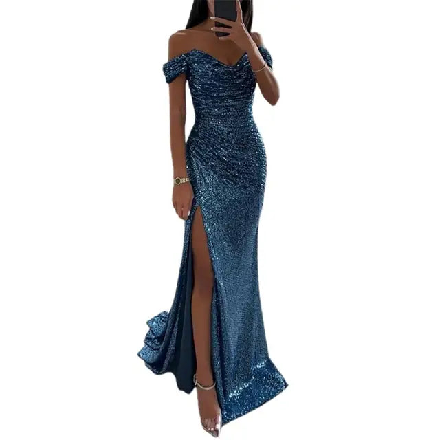 Elegant Sequin Dress for Women with Sweetheart Off Shoulder Ruched Mermaid Side Slit Formal Party Style