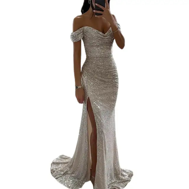 Elegant Sequin Dress for Women with Sweetheart Off Shoulder Ruched Mermaid Side Slit Formal Party Style